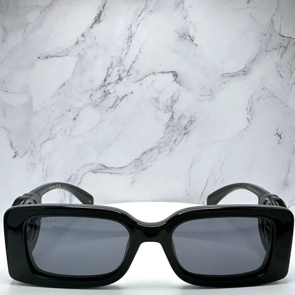 New Gucci Sunglasses Black Rectangle Square GG Logo Triple Black 54mm - Picture 2 of 16